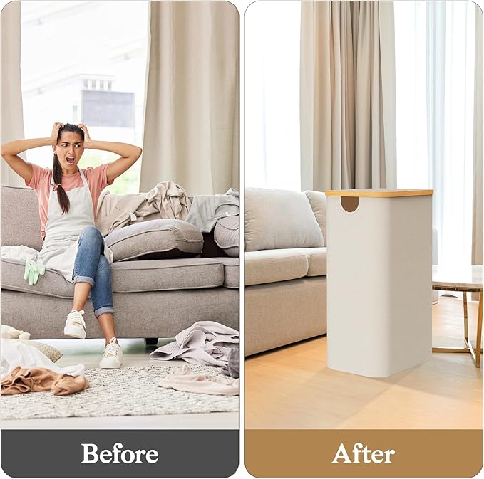 Laundry Basket with Lid, Narrow Laundry Hamper with Removable Bag, Travel Dirty Clothes Basket with Bamboo Handles for Bathroom, Bedroom & Laundry Room, 75L Beige