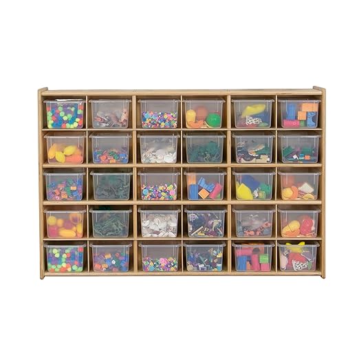 Contender Cubby Storage Organizer Cubes, 30 Cubbies with Clear Plastic Bins, Wood Furniture for Kids Toys, Daycare, Classroom, 47-inch Width