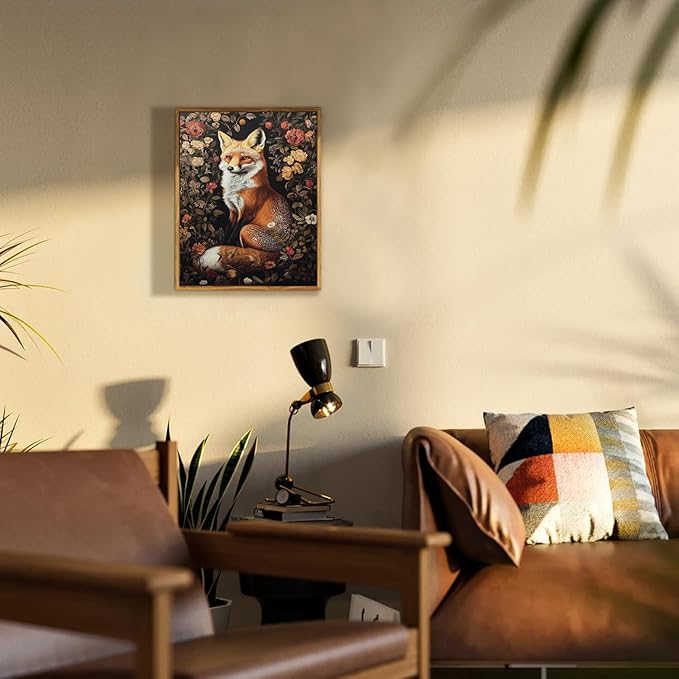 Djmwtb William Morris Framed Wall Art Fox Canvas Wall Art Prints Vintage Animal Painting Boho Flower Floral Botanical Pictures Artwork for Living Room Bedroom Office 12x16in