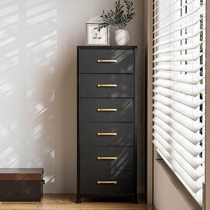 Tall Dresser with 6 Drawers, Chest of Drawers with Fabric Bins, Storage Organizer Tower with Wood Top & Steel Frame for Bedroom, Living Room and Entryway - Black