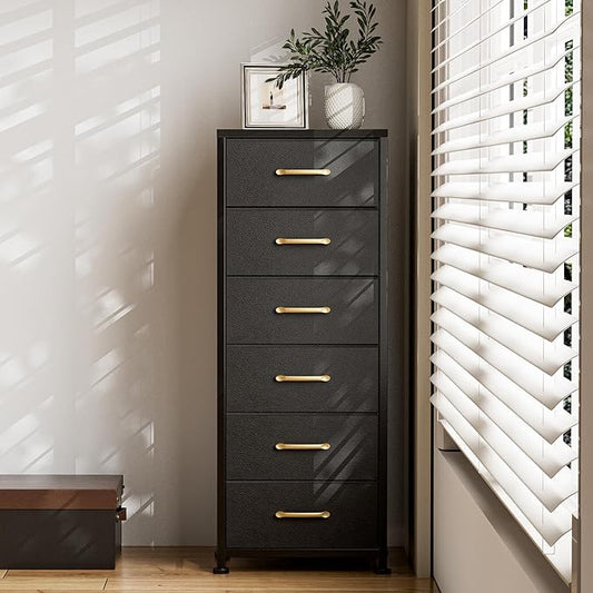 Tall Dresser with 6 Drawers, Chest of Drawers with Fabric Bins, Storage Organizer Tower with Wood Top & Steel Frame for Bedroom, Living Room and Entryway - Black