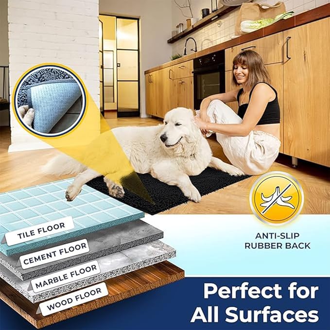 Muddy Mat Chenille Bathroom Rugs Quick Dry Microfiber Mats Non Slip Washable, Extra Thick, Soft and Highly Absorbent Bath Mats for Bathroom, Kitchen, and Shower Floor - Black Runner 59"X24"