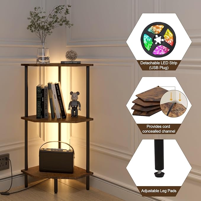 3 Tier Corner Shelf with LED Light,Bookcase for Small Spaces,Display Shelf,Narrow Bookshelf,Plant Stand,Rustic Brown and Black,Suitable for Bedroom,Living Room,Kitchen