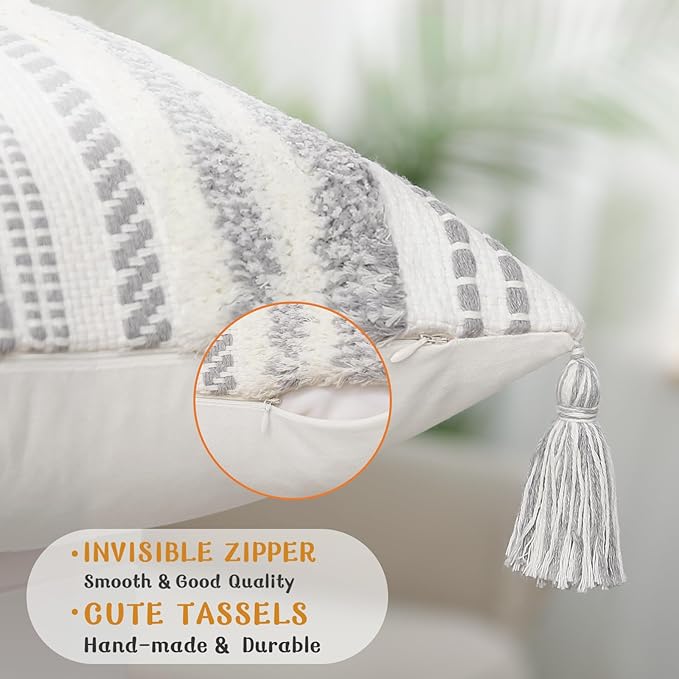 decorUhome Decorative Boho Throw Pillow Cover 18x18, Accent Neutral Textured Tufted Pillow Cover Striped for Couch Bed Sofa, Grey and Cream White, Pack of 1