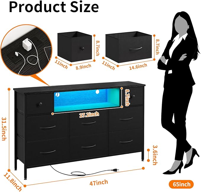 Fixwal Dresser for Bedroom TV Stand for 55 Inch TV with Charging Station and LED Light, Fabric Chest of Drawers, 8 Drawer Kids Dressers for Boys Bedroom, Living Room, Closet (Black)