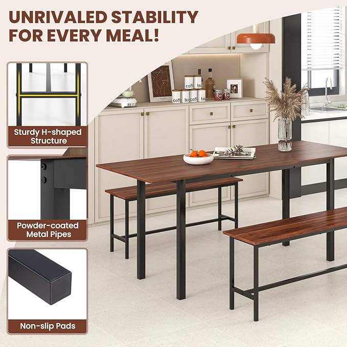 Giantex 3-Piece Dining Table Set for 4-8, 63” Extendable Dining Table with 2 Benches, Metal Frame, Dinette Table Set for Dinner, Breakfast Nook, Kitchen, Living Room, Restaurant, Walnut