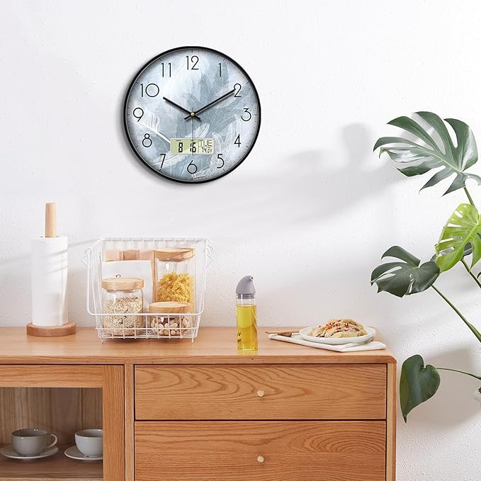 SCAOGE Digital Wall Mount Clock with Date Temperature Day White with Blue Feather Unique Silent Calendar Clocks Battery Operated Large Display Decorative for Bathroom Kitchen Office Bedrooms 14 Inch