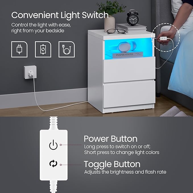 VASAGLE Nightstand with Adjustable LED Light, Bedside Table with Drawers, Side Table, for Bedroom, Modern Minimalist Style, White ULET634T14