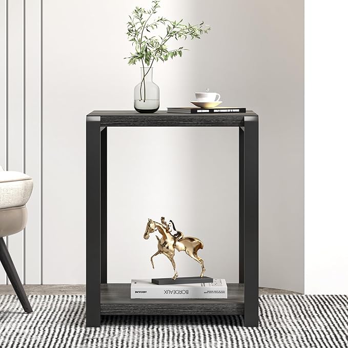 FOLUBAN Modern Side Table, Square End Table with Storage Shelf for Living Room, Rustic Industrial Wood Nightstand for Bedroom, Dark Gray