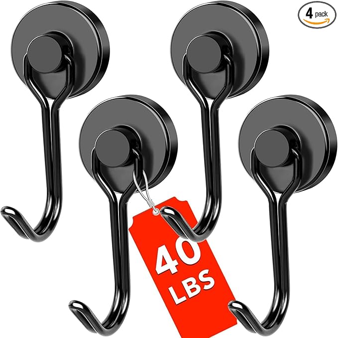 DIYMAG Black Magnetic Hooks, 40LBS Strong Magnetic Hooks Heavy Duty, Strong Magnet Hooks with Metal Hanger for Hanging Refrigerator Home Kitchen Office, 4Pack