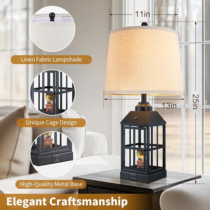 25" Farmhouse Table Lamp for Living Room, Black Lamp with USB Port and Nightlight, Rustic Table Lamp for Bedroom, Bedside Lamp for Nightstand, End Table, Home, Office, LED Bulb Included
