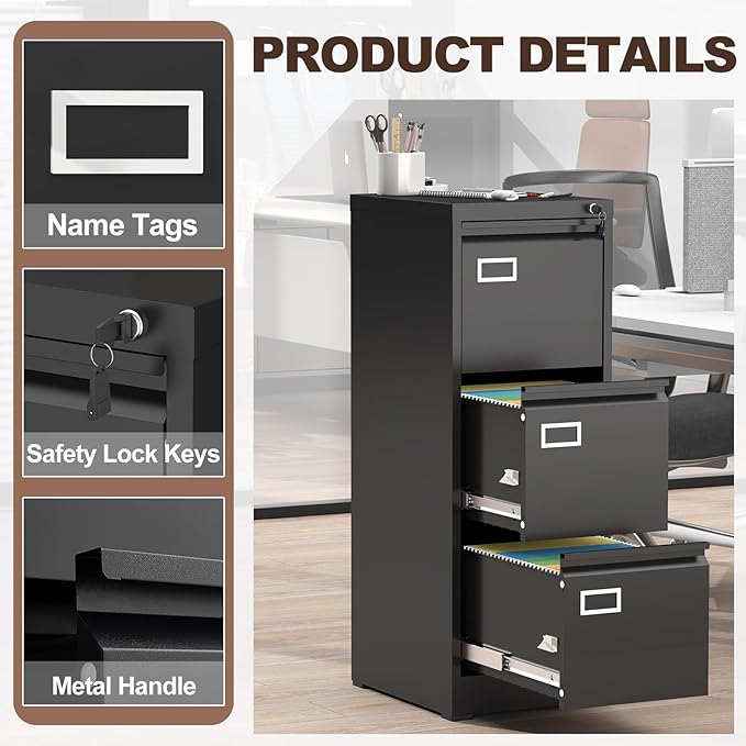 LUCYPAL 3 Drawer File Cabinet,Metal Filing Cabinet with Lock for Letter/Legal/A4 Files,Vertical Locking File Cabinets for Home Office,Assembly Required(Black)