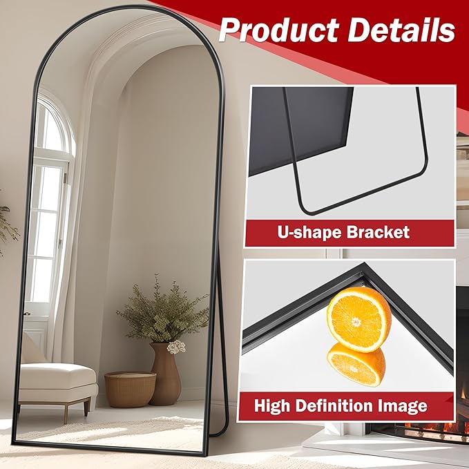 Suidia Full Length Mirror, 71"x32" Floor Standing Mirror Freestanding, Full Body Mirrors with Stand for Bedroom, Hanging Mounted for Living Room Cloakroom, Black, Arched Style