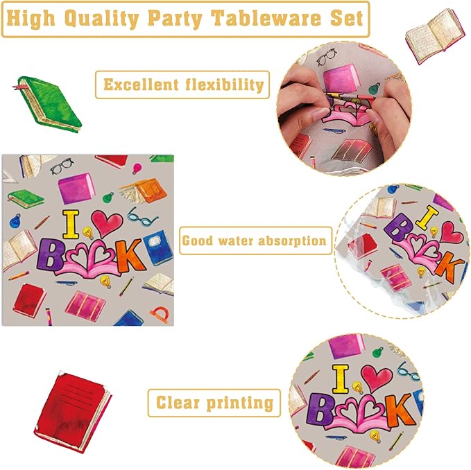 Wiooffen 96 Pcs Book Club Birthday Party Plates Napkins Tableware Set Book Themed Party Supplies Disposable Dinnerware Books Decoration Favors for Library Reading Party Table Decor, 24 Guests