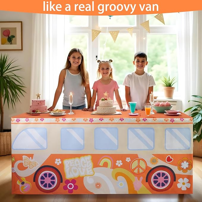 8Ft Groovy Bus Tablecloth,Hippie Birthday Party Decorations for 60s 70s Boho Themed Birthday,Baby Shower,Carnival Party Decorations