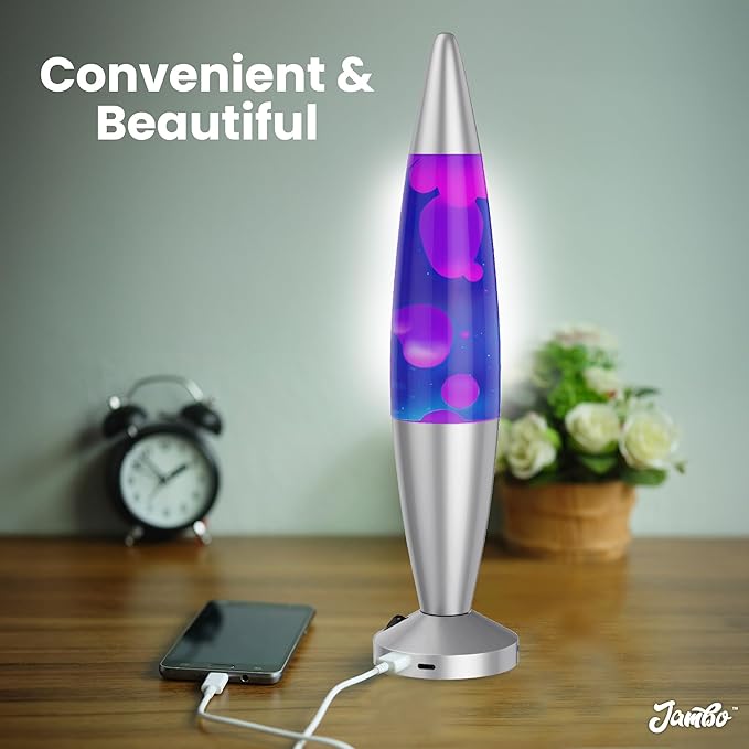 JAMBO Upgraded Motion Lamp – 16" Blue Liquid, Purple Wax – USB Ports, Timer – Night Light for Adults, Teens, Kids – Bedroom, Living Room, Office Décor Lamp