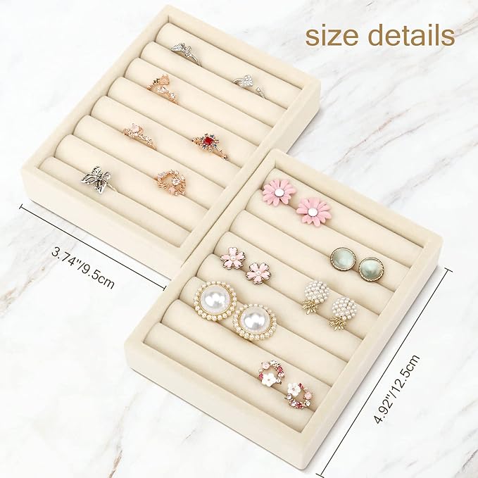 Small Jewelry Tray-Ring Organizer 2PCS Premium Velvet Rings Earrings Display Tray Storage Insert Holder for Jewelry Box, Drawer, Dresser (8 Slots, Beige)