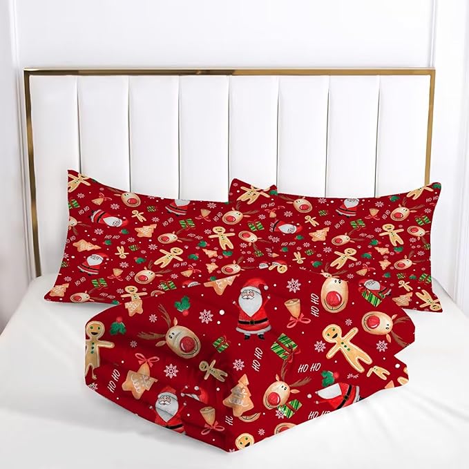 Red Christmas Comforter Set Twin for Girls, Cartoon Santa Claus Christmas Tree Gingerbread Man Printed Bedding Set, Cute Xmas Bed Set with 1 Comforter and 1 Pillowcase