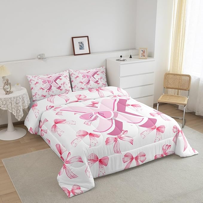 jejeloiu Kids Girls Cute Pink Bow Comforter Set King Size Monogrammed Bedding Set Ultra Soft Personalized Initial X Duvet Quilt Coquette Bow Knot Quilt Set Room Decor Modern Fashion Comforter
