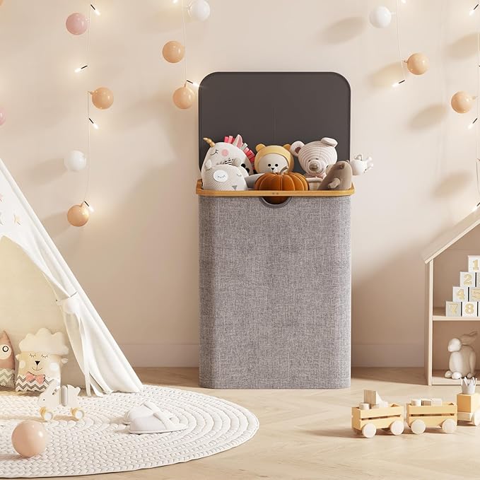 Lifewit 120L Laundry Basket with Lid, Clothes Hampers with Bamboo Handles and A Removable Bag, Large Foldable Laundry Hamper for Bedroom, Bathroom, Dorm, Light Gray