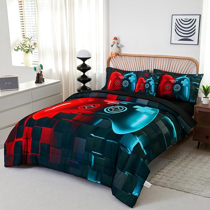 PERFEMET 6 Pcs Gaming Comforter Sets for Teen Boys Red and Teal Game Kids Bed in A Bag with Sheet Set 3D Cool Soft Lightweight Video Game Bed Set(Red Teal, Queen)