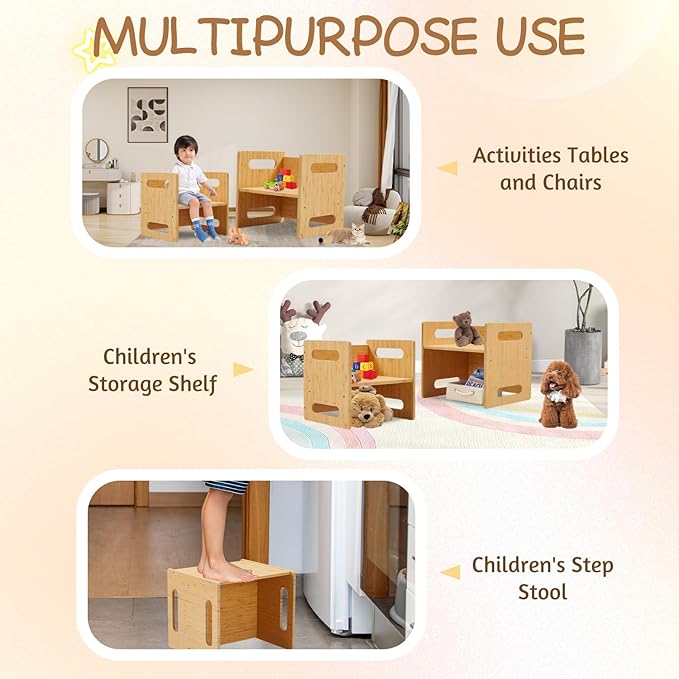 Montessori Table and Chair Set,Bamboo Wood Weaning Table and Chair Set,Kids Montessori Furniture for Reading,Dining,Playing