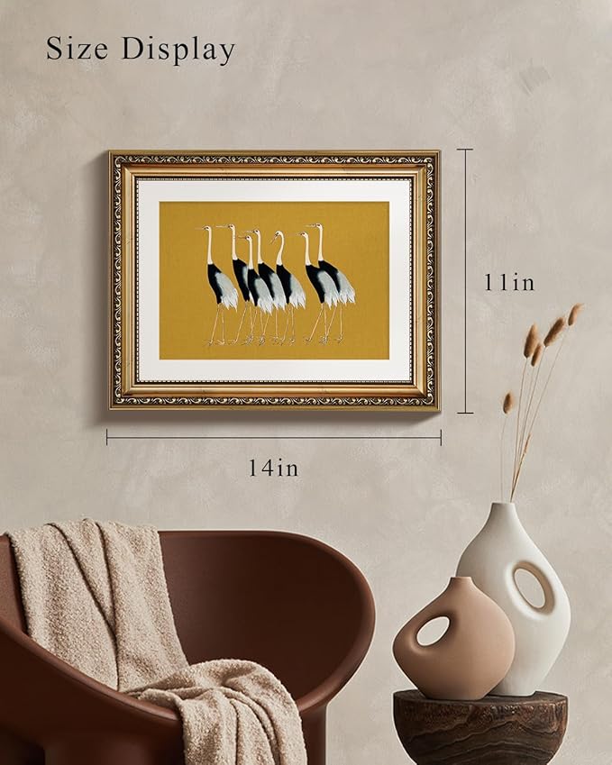 VIYYIEA Gold Framed Wall Art Canvas Print Home Decor, Vintage Cranes Wall Art for Living Room, Vintage Animal Oil Painting Picture, Print Framed Home Decor, Bathroom Wall Decor Seven Cranes 11x14in
