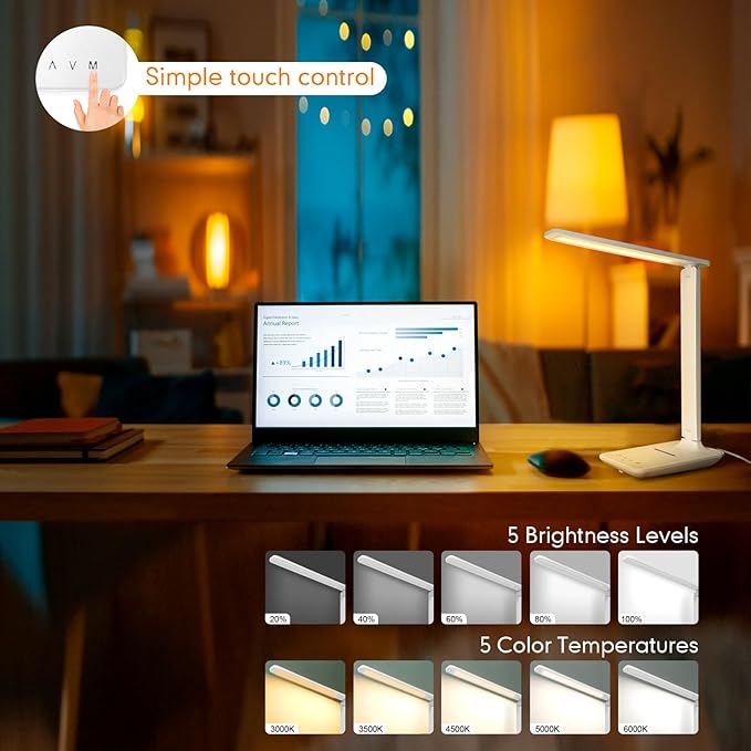 karidi LED Desk Lamp with Wireless Charger, Dimmable Table Lamp Reading Lamp with USB Charging Port, 5 Lighting Modes, Sensitive Control, Foldable Portable Desk Light for Home Office Bedroom Reading