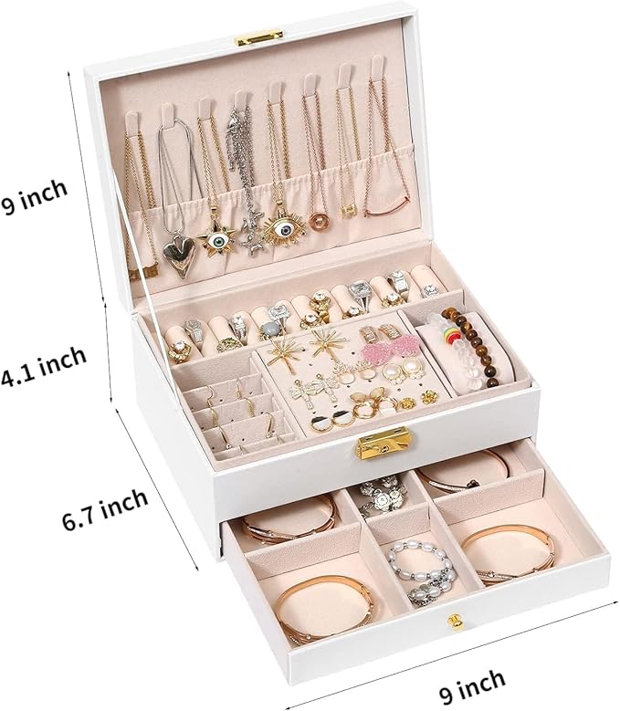 Jewelry Box for Women Girl Wife - Large PU Leather Jewelry Organizer Storage Case with Two Layers Display for Earrings Bracelets Rings Watches (White)