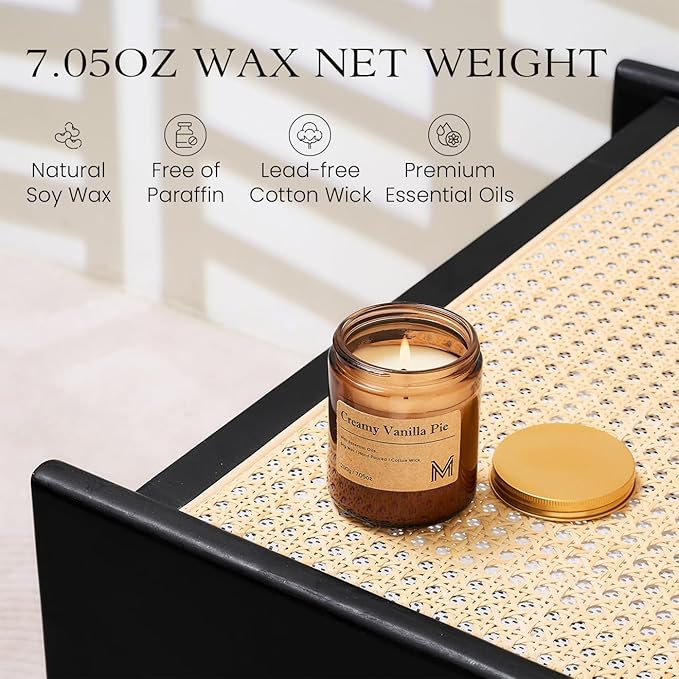 M&SENSE Creamy Vanilla Pie Candles for Home Scented Aromatherapy Candle Gift Set for Women and Men,7.05oz Soy Wax Long Lasting Amber Jar Candles Gift for Birthday Housewarming Mother's Valentine Day