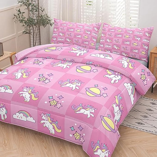 Tailor Shop Pink Twin Bedding Sets for Girls Kids Unicorn Comforter Set for Girls Unicorn Chessboard Room Decor Bed Set with 1 Pillowcase