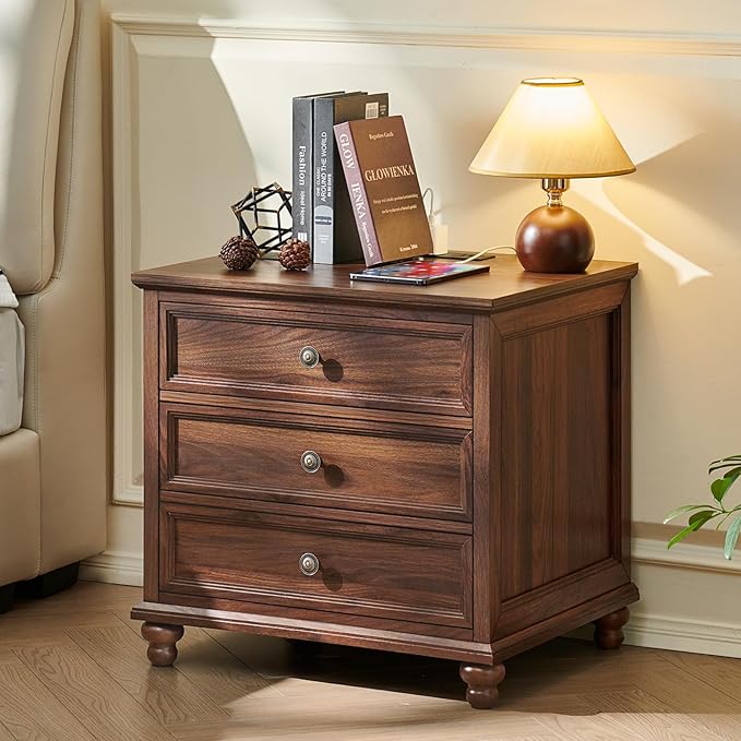 Farmhouse Nightstand with Charging Station, 24" Wide End Table with 3 Drawers,Brown Wood Dresser for Bedroom, Bed Side Table Chest of Drawers Cabinet,Night Stand for Living Room, Closet