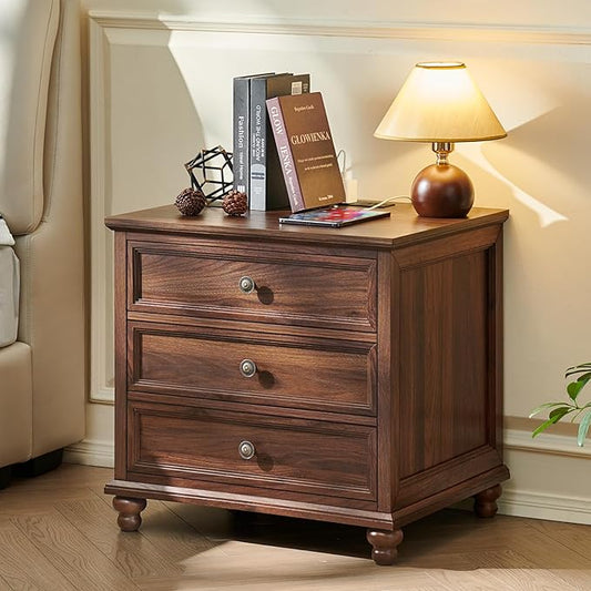 Farmhouse Nightstand with Charging Station, 24" Wide End Table with 3 Drawers,Brown Wood Dresser for Bedroom, Bed Side Table Chest of Drawers Cabinet,Night Stand for Living Room, Closet