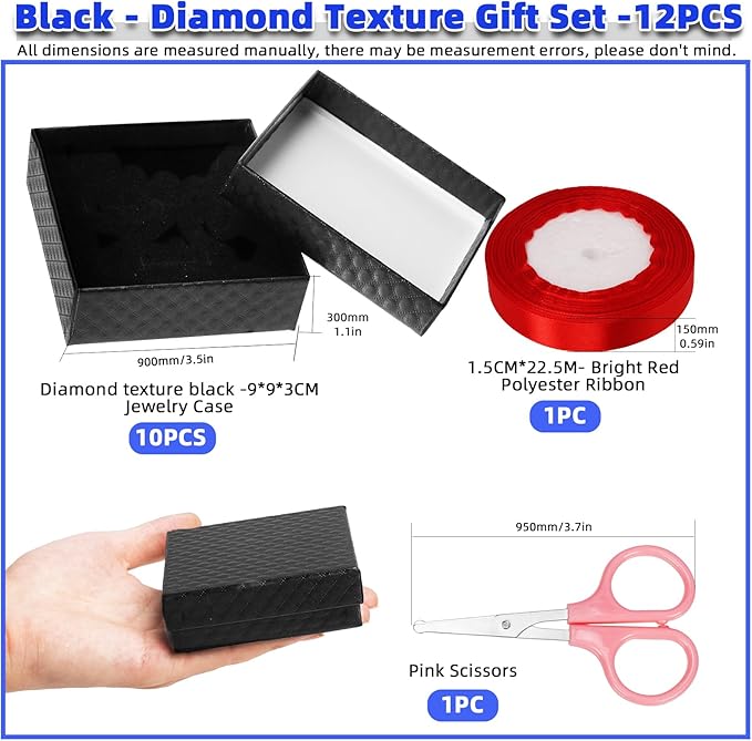 Glarks 12Pcs Black 9 x 9 x 3CM Cardboard Jewelry Gift Boxes with Pink Scissors and 1.5 x 225CM Red Polyester Ribbon Set, Diamond Pattern Necklace Earring Bracelet Boxes Gift Case Ideal