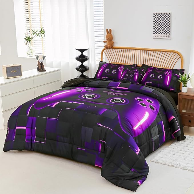 PERFEMET 6 Pieces Bed in A Bag Gamer Comforter Set Full Size Purple Gaming Bedding Set for Boys Kids Teen Soft Lightweight Video Game Black Quilt Bedspread Set(Purple, Full)