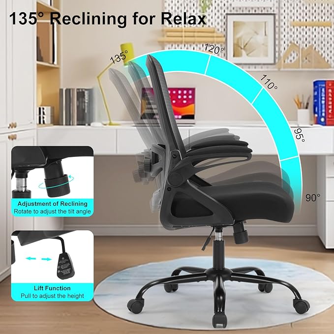 Office Chair, Ergonomic Desk Chair with Adjustable Height, Lumbar Support, High Back Mesh Support with Flip up Armrests, Task Chairs for Home Office Computer (Black-23-1)