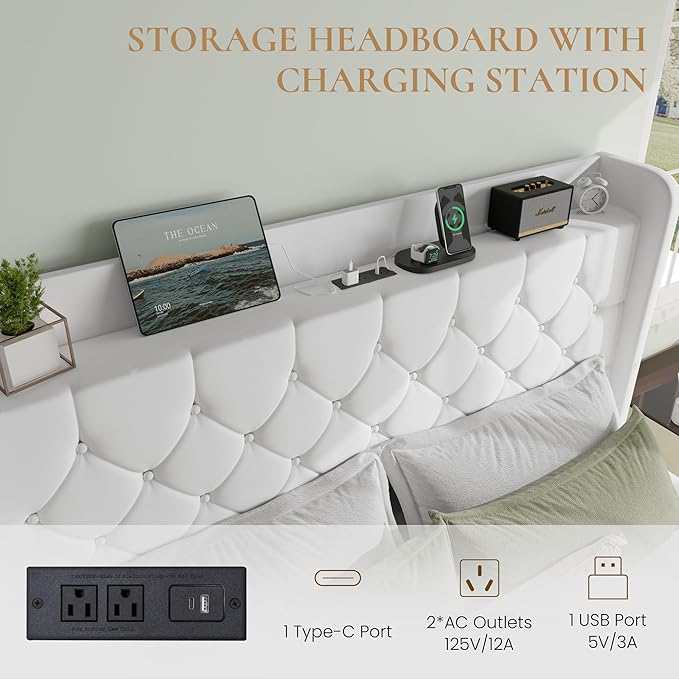 SHA CERLIN King Size Platform Bed Frame with Charging Station, Velvet Wingback Headboard with Storage Shelf, Wooden Slats Support, Ample Under-Bed Space, No Box Spring Needed, Easy Assembly, White