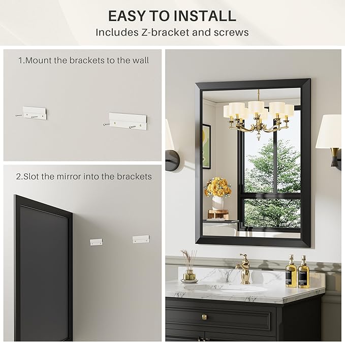 20x28 Inch Black Bathroom Mirror for Wall, Thick Metal Framed Rectangle Mirrors for Over Sink, Bedroom, Living Room, Entryway, Anti-Rust, HD Tempered Glass