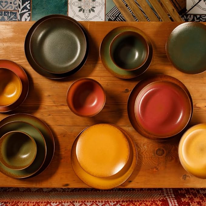 Bloomhouse Palermo Sun Double Bowl Stoneware Reactive Glaze Plates and Bowls Dinnerware Set - Tumeric Yellow, Service for Four (16pcs)