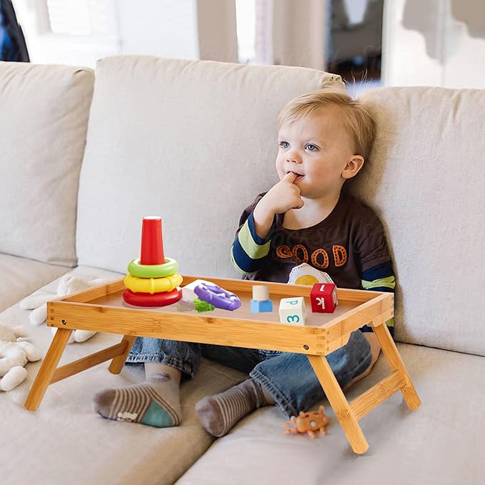 Bed Tray Table for Eating with Folding Legs, Bamboo Breakfast Table in Bed for Eating on Couch, Bed, Laptop Computer Tray(Bamboo, Medium)
