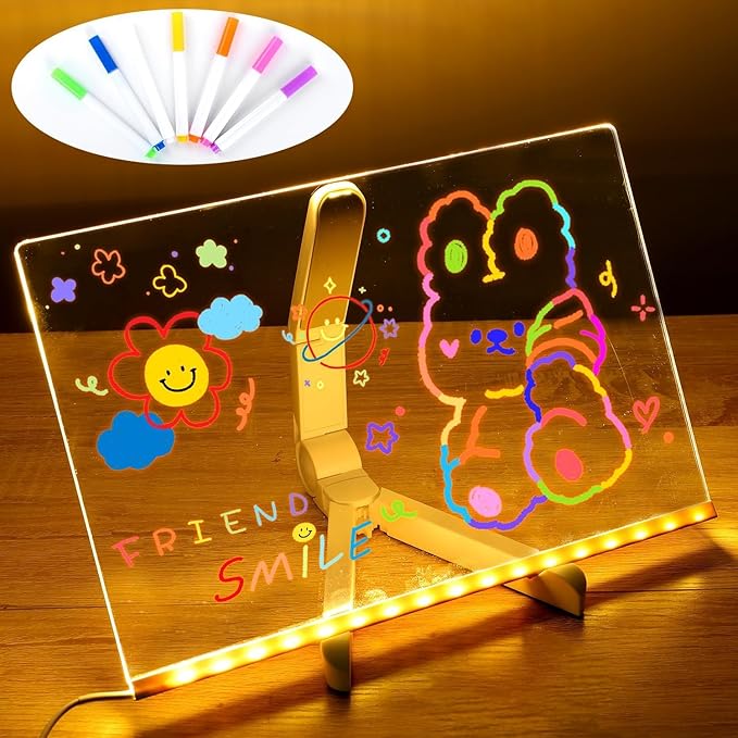 LED Note Board with Colors, Acrylic Dry Erase Board with Light and 7 Colorful Pens, Light up Dry Erase Board with Stand for Family/Office/School/bar/Cafe (11.8 X 7.9”)