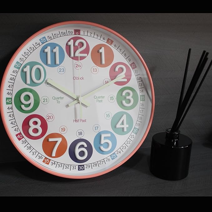 Learning Time Clock for Kids,12 Inch 3D Numbers Colorful Clock Face Silent Clocks，Bedroom,Kitchen,Classroom,Décor at School, Clear Digital Wall Clock for Kids Room(3D Peach Pink Luminous)