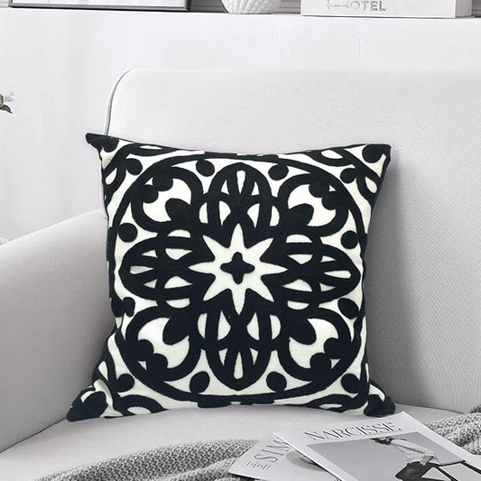 Alysheer Embroidered Decorative Throw Pillow Cover 20"x 20", Boho Mandala Modern Thick Embroidery Pattern, Durable Cotton Canvas Soft Cushion Case for Sofa Couch Bed Living Room (Black)