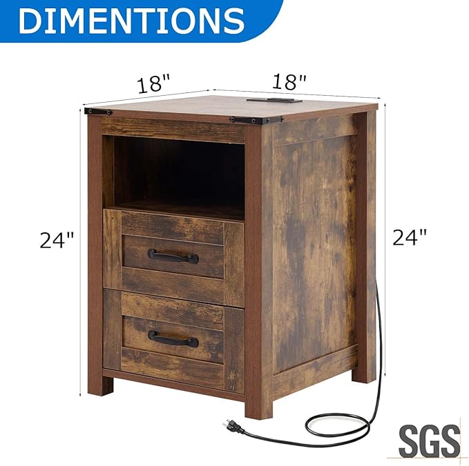 Farmhouse Nightstand with Charging Station & Drawers, Brown Wood Bedside Table, End Table with 2 Storage Drawers & USB Ports for Bedroom, Dorm，Brown