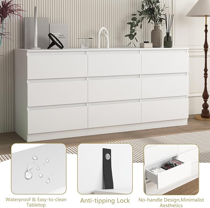 White Dresser for Bedroom, Long 9 Drawer Dresser with Deep Drawer,Modern Wide Wood Storage Chest of Drawer, Bedroom Storage Furniture,TV Stand for Living Room