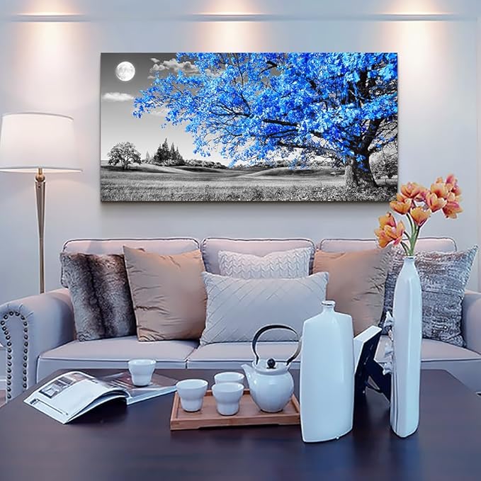 Wapluam Large Canvas Wall Art For Living Room Wall Decor For Bedroom Black And White Wall Paintings Blue Tree Scenery Wall Pictures Prints Artwork Office Decor Room Aesthetic Home Decor 24" X 48"