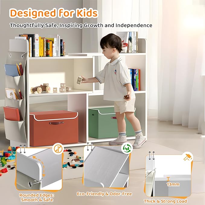 4 Cube Storage Organizer, 32inch Wooden Extendable Book Shelf DIY Bookcase with 2 pcs Storage Cabinet and Side Pockets, Open Storage Cabinet for Living Room, Bedroom, Home, Office