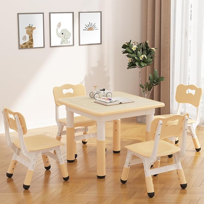 GAOMON Kids Table and 4 Chairs Set with Graffiti Desktop, Height Adjustable Toddler Table and Chairs Set for Reading, Drawing, Playing, Eating