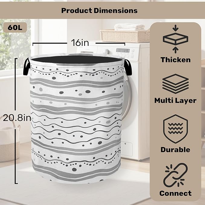 Modern Gray Lines Laundry Basket - Heavy Duty 60L Dirty Clothes Organizer, Water Resistant Foldable Hamper for Men Women