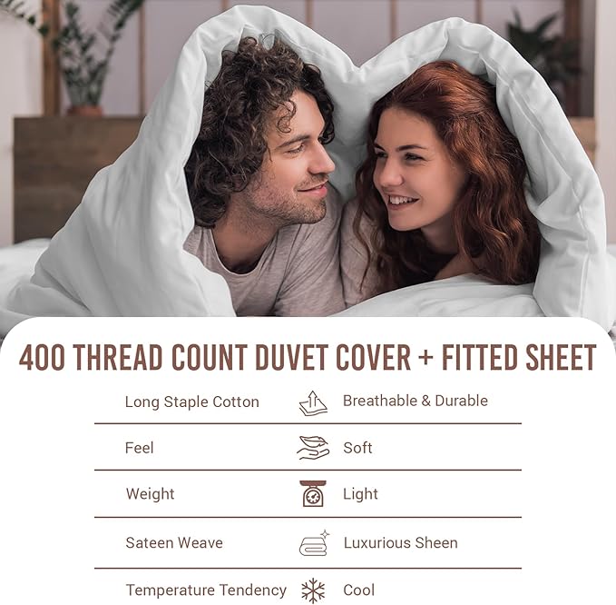 Pizuna 100% Cotton Twin 2 Pc Duvet Cover + 1 Pc Fitted Sheet Set 400 Thread Count White Sateen Weave Luxurious Long Staple Cotton 4 Piece Bedding Set - 1 Duvet Cover, 1 Pillow Sham, 1 Fitted Sheet